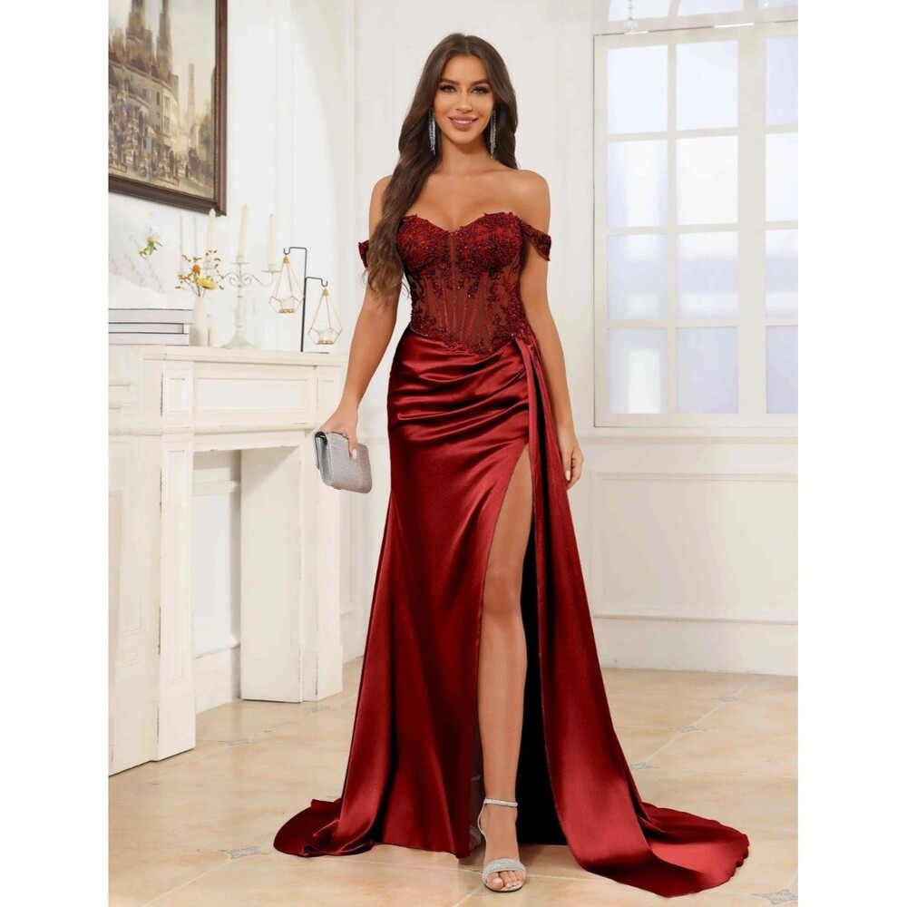 New Prom (18W) Burgundy Lace/Satin Sequin Off Shoulder Rouched High Slit Dress - Picture 12 of 14